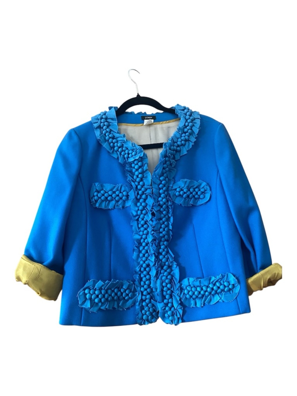 J.Crew Astrid Embellished Wool Jacket Blue Rosette Ruffle Cropped Blazer Size 12